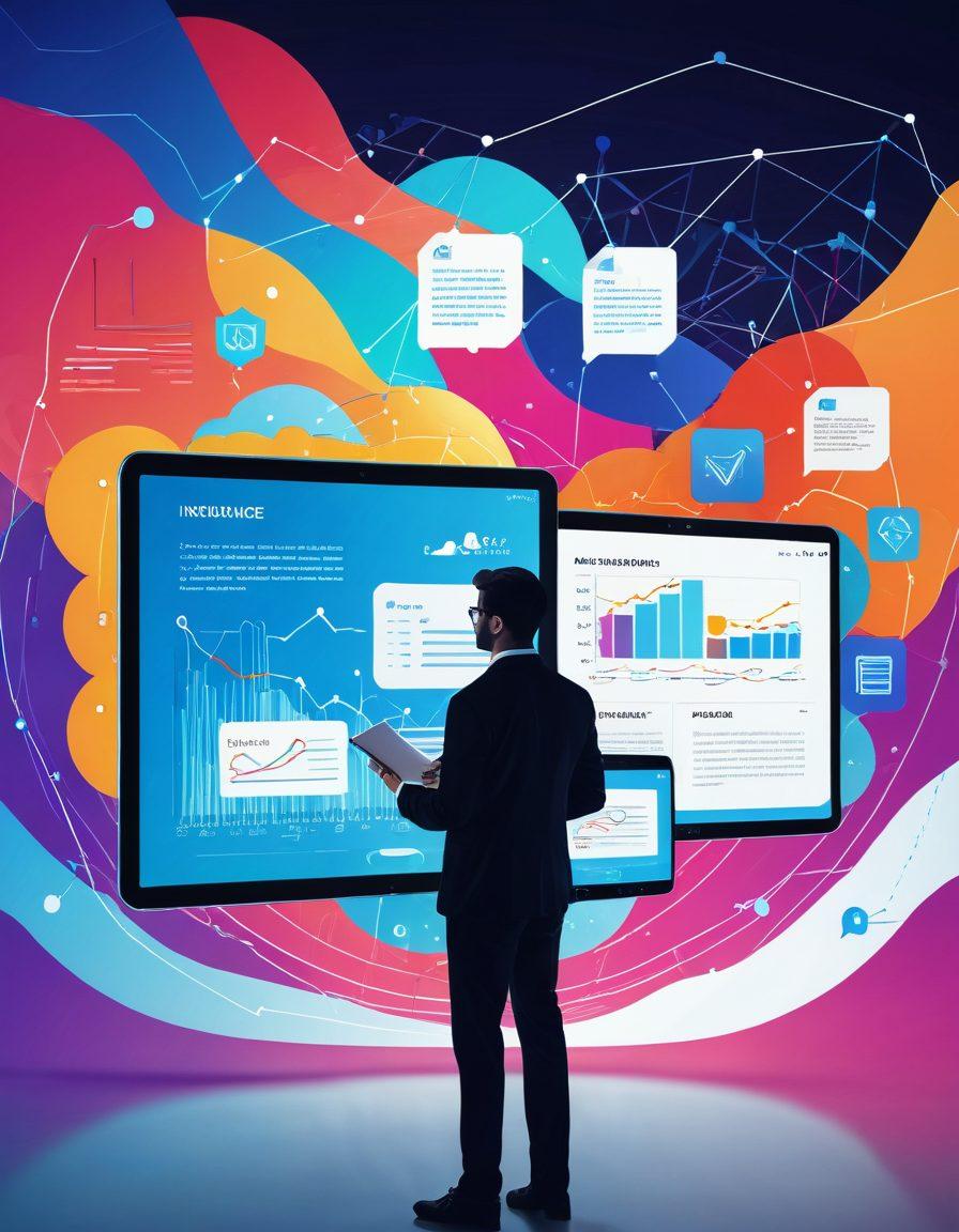 An abstract representation of a digital landscape showcasing various insurance icons like shields, documents, and graphs, interconnected by flowing lines symbolizing data transmission. A person holding a tablet, looking thoughtfully at the screen, surrounded by floating insurance quotes. Bright and modern style with an emphasis on technology and clarity. vibrant colors. 3D.