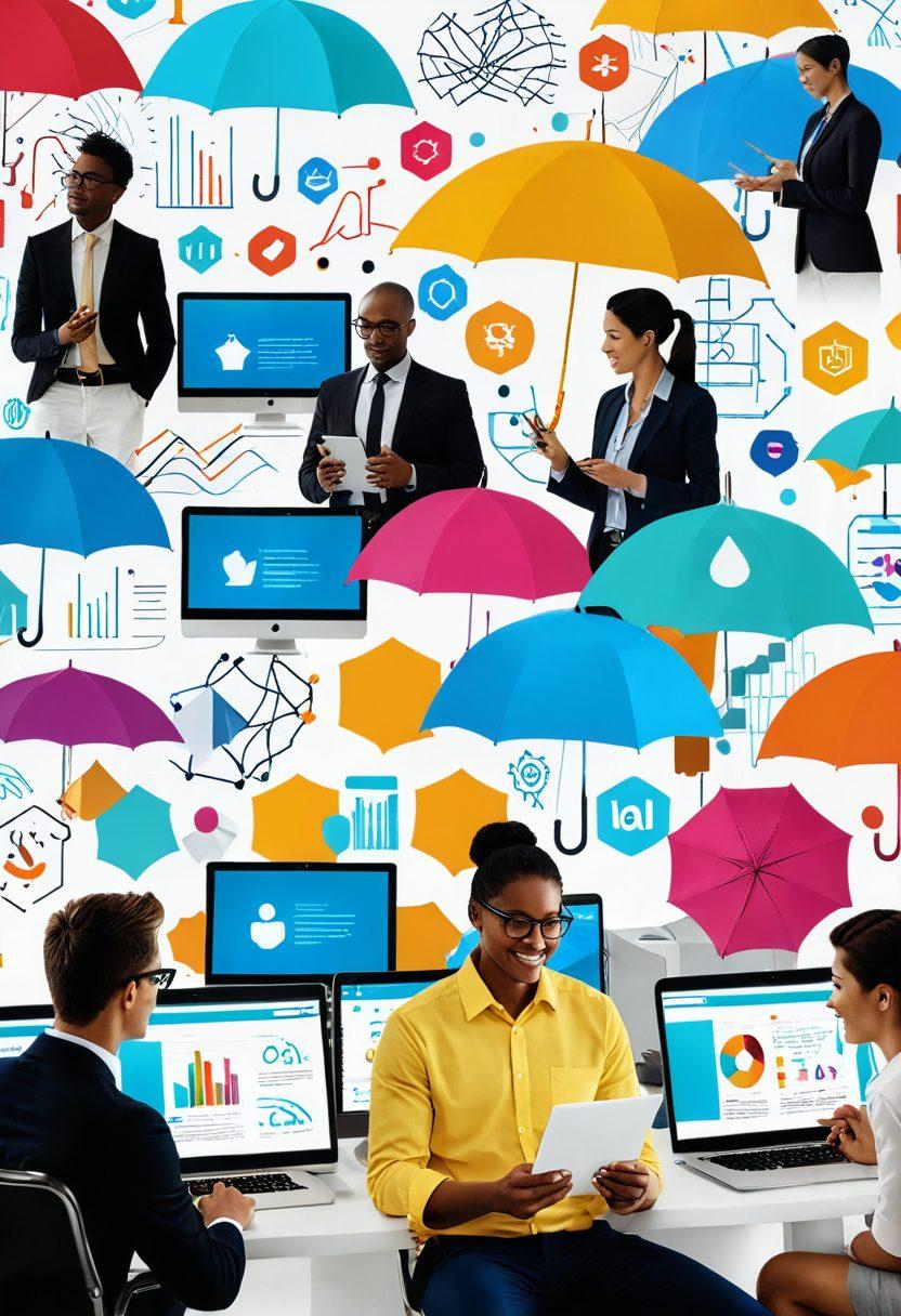 A collage of diverse people engaging with digital devices, showcasing online insurance consultations in a bright, inviting office space. Include symbols of protection like umbrellas and shields, as well as graphs indicating risk management strategies. Incorporate a glowing network of interconnected dots representing online solutions. super-realistic. vibrant colors. white background.